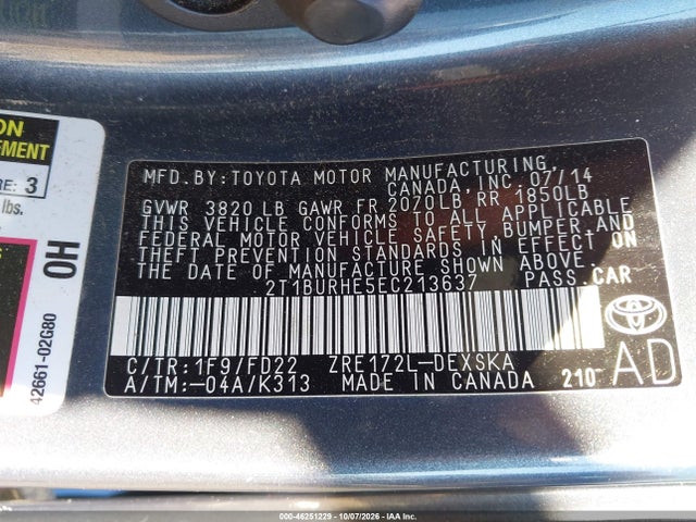 46251229 :رقم المزاد ، 2T1BURHE5EC213637 vin ، 2014 Toyota Corolla S Plus مزاد بيع