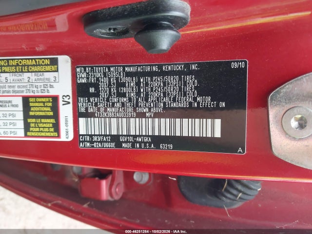 2010 Toyota Venza Base V6 მანქანა იყიდება აუქციონზე, vin: 4T3ZK3BB2AU033919, აუქციონის ნომერი: 46251284