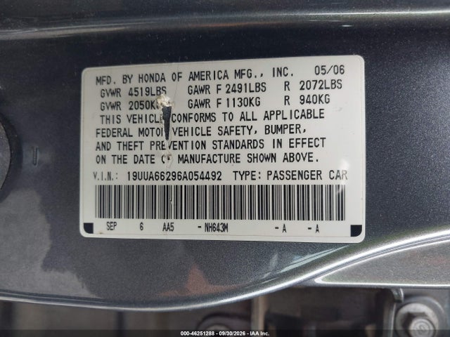 2006 Acura Tl მანქანა იყიდება აუქციონზე, vin: 19UUA66296A054492, აუქციონის ნომერი: 46251288