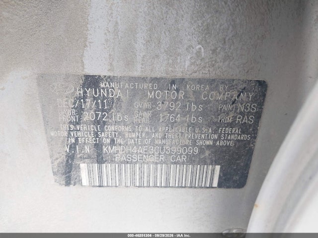 Aukcja sprzedaży 2012 Hyundai Elantra Gls (ulsan Plant), vin: KMHDH4AE3CU399099, numer aukcji: 46251304