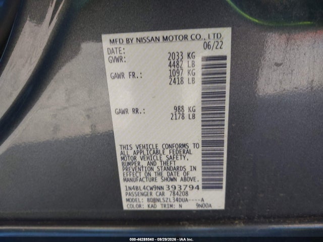 46251340 :رقم المزاد ، 1N4BL4CW9NN393794 vin ، 2022 Nissan Altima Sr Intelligent Awd مزاد بيع