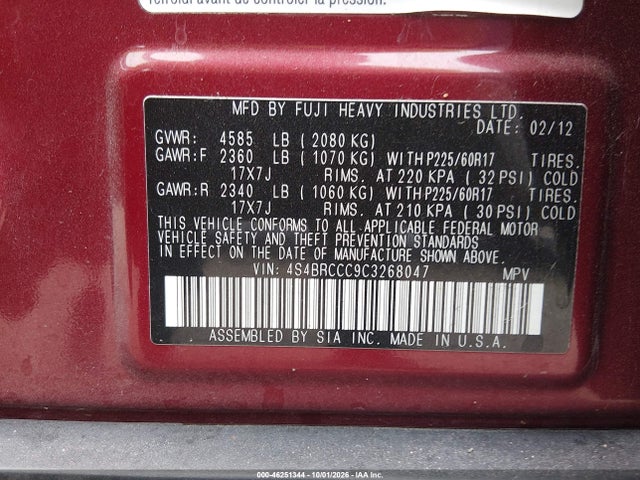 46251344 :رقم المزاد ، 4S4BRCCC9C3268047 vin ، 2012 Subaru Outback 2.5i Premium مزاد بيع