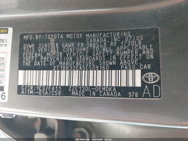 Aukcja sprzedaży 2005 Toyota Corolla Ce, vin: 2T1BR32E45C509160, numer aukcji: 46251356