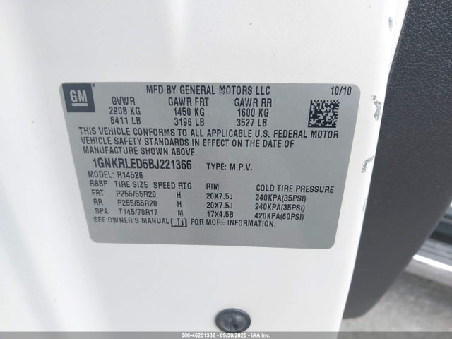 46251382 :رقم المزاد ، 1GNKRLED5BJ221366 vin ، 2011 Chevrolet Traverse Ltz مزاد بيع