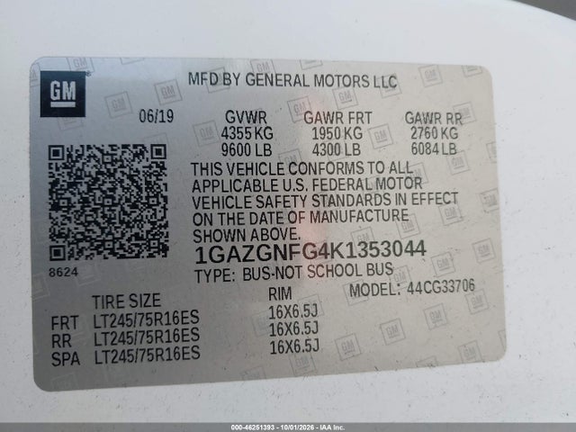 Aukcja sprzedaży 2019 Chevrolet Express 3500 Ls, vin: 1GAZGNFG4K1353044, numer aukcji: 46251393