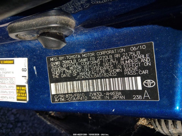 Aukcja sprzedaży 2010 Toyota Prius Iii, vin: JTDKN3DU8A5182432, numer aukcji: 46251399