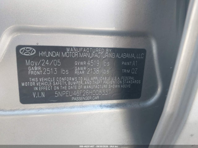 2006 Hyundai Sonata Gls V6/lx V6 მანქანა იყიდება აუქციონზე, vin: 5NPEU46F26H005337, აუქციონის ნომერი: 46251407