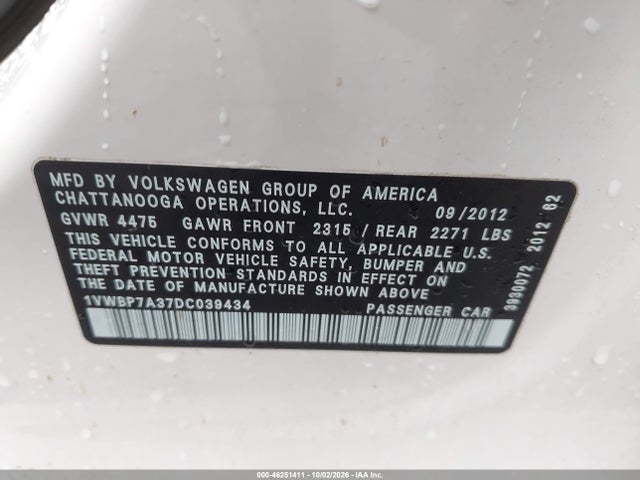 2013 Volkswagen Passat Se W/sunroof მანქანა იყიდება აუქციონზე, vin: 1VWBP7A37DC039434, აუქციონის ნომერი: 46251411