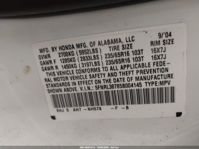 Aukcja sprzedaży 2005 Honda Odyssey Ex-l, vin: 5FNRL38785B004145, numer aukcji: 46251413