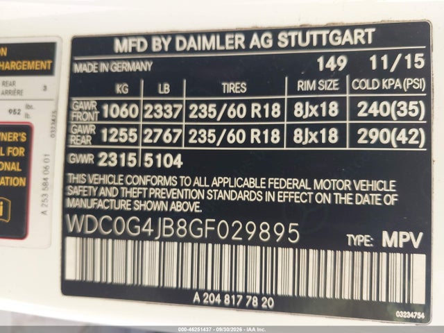 46251437 :رقم المزاد ، WDC0G4JB8GF029895 vin ، 2016 Mercedes-benz Glc 300 مزاد بيع