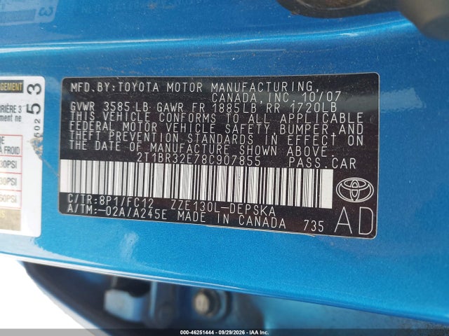 Продажа на аукционе авто 2008 Toyota Corolla S, vin: 2T1BR32E78C907855, номер лота: 46251444