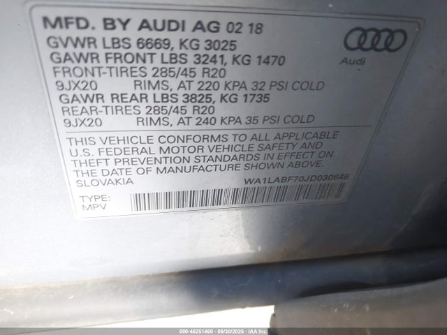 46251460 :رقم المزاد ، WA1LABF70JD030646 vin ، 2018 Audi Q7 3.0t Premium مزاد بيع