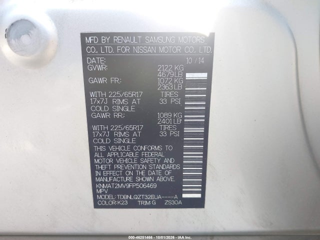 2015 Nissan Rogue Sv მანქანა იყიდება აუქციონზე, vin: KNMAT2MV9FP506469, აუქციონის ნომერი: 46251466