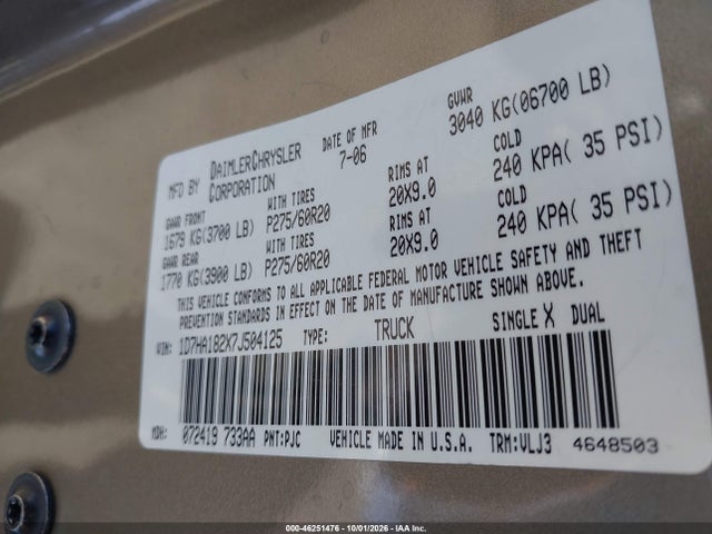 Продаж на аукціоні авто 2007 Dodge Ram 1500 Laramie, vin: 1D7HA182X7J504125, номер лоту: 46251476
