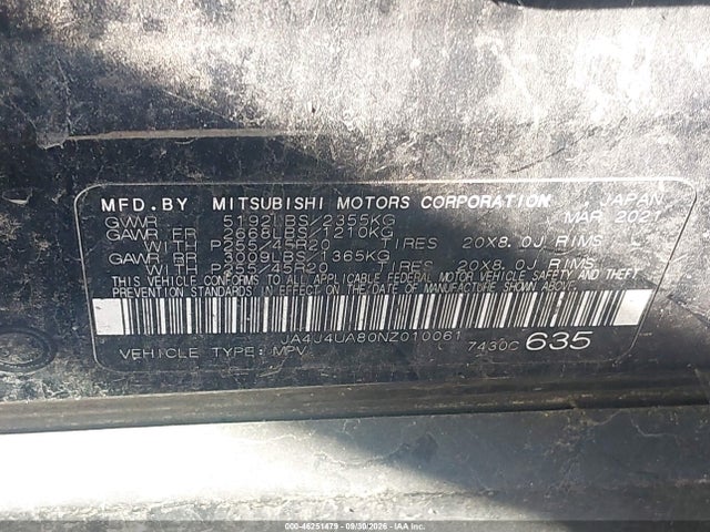 Продаж на аукціоні авто 2022 Mitsubishi Outlander Black Edition S-awc/se 2.5 S-awc/se Launch Edition S-awc, vin: JA4J4UA80NZ010061, номер лоту: 46251479