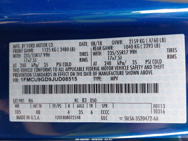 2018 Ford Escape Se მანქანა იყიდება აუქციონზე, vin: 1FMCU9GD9JUD08515, აუქციონის ნომერი: 46251501