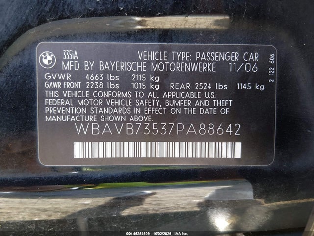 Продажа на аукционе авто 2007 Bmw 335i, vin: WBAVB73537PA88642, номер лота: 46251509
