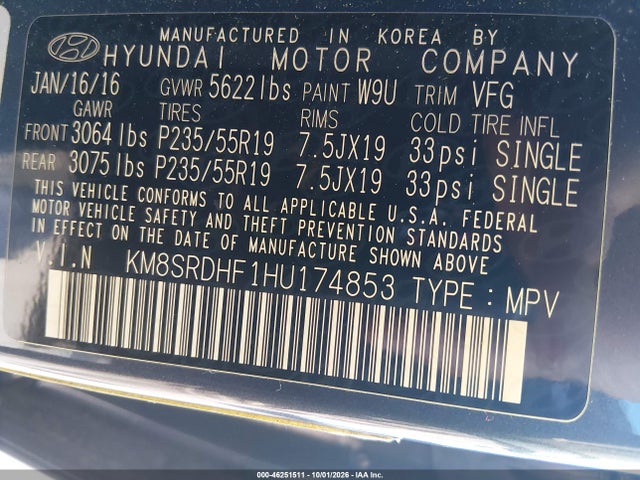 Продаж на аукціоні авто 2017 Hyundai Santa Fe Limited Ultimate, vin: KM8SRDHF1HU174853, номер лоту: 46251511