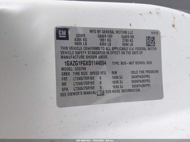 Продаж на аукціоні авто 2013 Chevrolet Express 3500 Lt, vin: 1GAZG1FGXD1144094, номер лоту: 46251532
