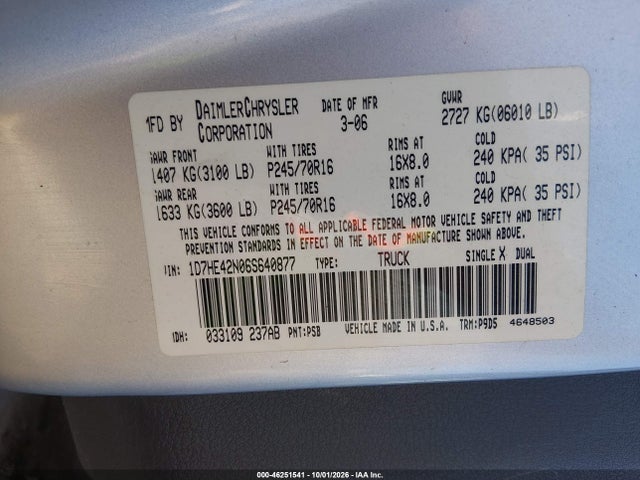 Продаж на аукціоні авто 2006 Dodge Dakota Slt, vin: 1D7HE42N06S640877, номер лоту: 46251541