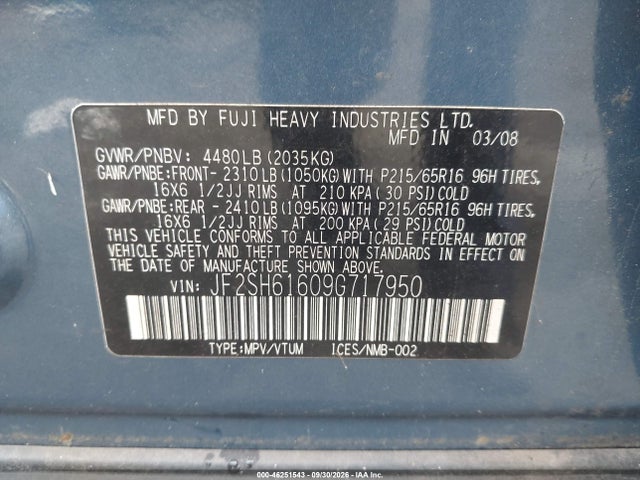 Aukcja sprzedaży 2009 Subaru Forester 2.5x, vin: JF2SH61609G717950, numer aukcji: 46251543