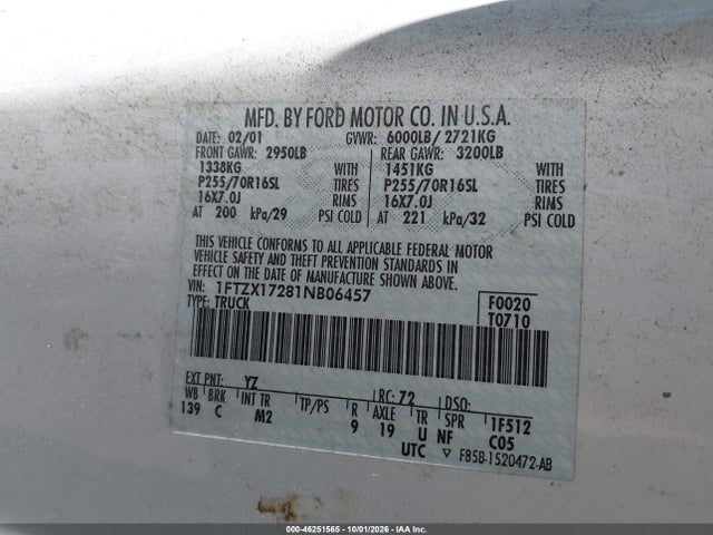 Продажа на аукционе авто 2001 Ford F-150 Xl/xlt, vin: 1FTZX17281NB06457, номер лота: 46251565