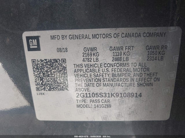 2019 Chevrolet Impala Premier მანქანა იყიდება აუქციონზე, vin: 2G1105S31K9108914, აუქციონის ნომერი: 46251578