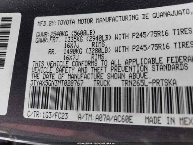 Aukcja sprzedaży 2021 Toyota Tacoma Sr5, vin: 3TYAX5GN3MT028767, numer aukcji: 46251581