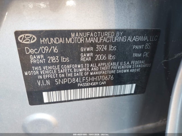 Aukcja sprzedaży 2017 Hyundai Elantra Se, vin: 5NPD84LF5HH170676, numer aukcji: 46251585