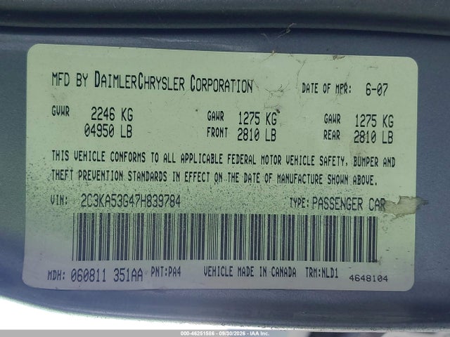 Aukcja sprzedaży 2007 Chrysler 300 Touring, vin: 2C3KA53G47H839784, numer aukcji: 46251586