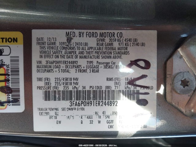 2014 Ford Fusion Se მანქანა იყიდება აუქციონზე, vin: 3FA6P0H91ER244892, აუქციონის ნომერი: 46251590