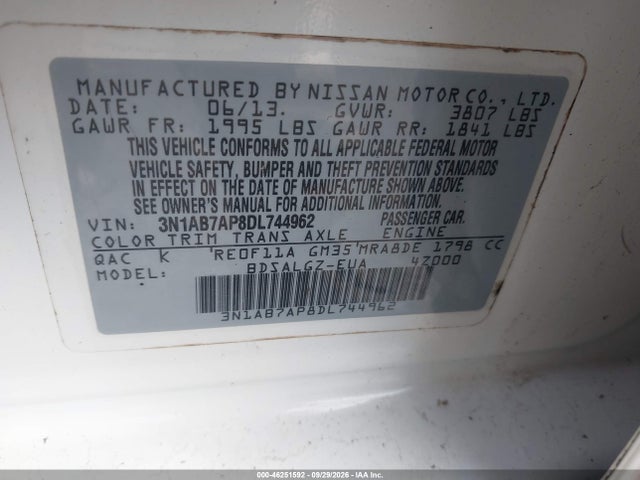 46251592 :رقم المزاد ، 3N1AB7AP8DL744962 vin ، 2013 Nissan Sentra Sl مزاد بيع