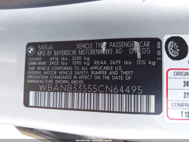 Продажа на аукционе авто 2005 Bmw 545i, vin: WBANB33555CN64495, номер лота: 46251598