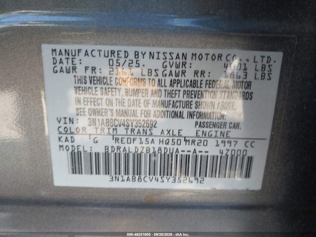 Продаж на аукціоні авто 2025 Nissan Sentra Sv, vin: 3N1AB8CV4SY352692, номер лоту: 46251600