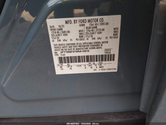 Продажа на аукционе авто 2022 Ford Maverick Xlt, vin: 3FTTW8F97NRA10810, номер лота: 46251602