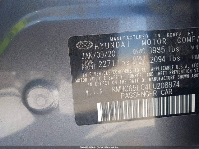 2020 Hyundai Ioniq Hybrid Blue მანქანა იყიდება აუქციონზე, vin: KMHC65LC4LU208874, აუქციონის ნომერი: 46251603