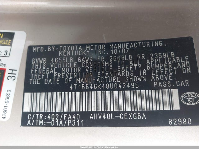 46251621 :رقم المزاد ، 4T1BB46K48U042495 vin ، 2008 Toyota Camry Hybrid مزاد بيع