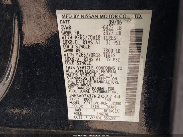 Aukcja sprzedaży 2007 Nissan Titan Le, vin: 1N6BA07A37N202734, numer aukcji: 46251632