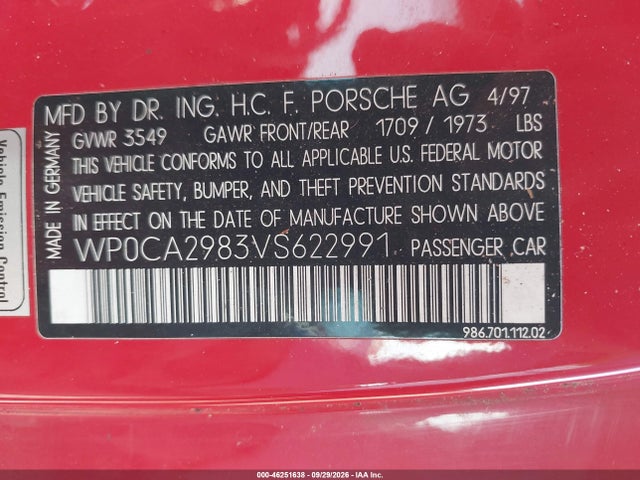 46251638 :رقم المزاد ، WP0CA2983VS622991 vin ، 1997 Porsche Boxster مزاد بيع