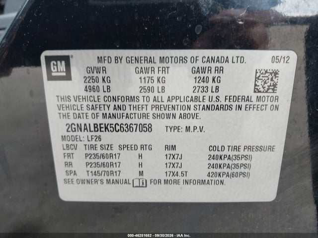 46251682 :رقم المزاد ، 2GNALBEK5C6367058 vin ، 2012 Chevrolet Equinox Ls مزاد بيع