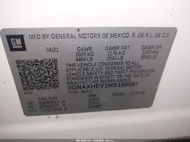 Aukcja sprzedaży 2021 Chevrolet Equinox Fwd Ls, vin: 3GNAXHEV1MS160087, numer aukcji: 46251738