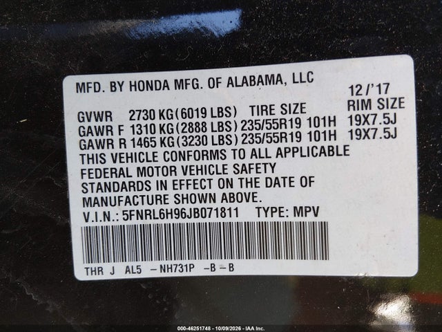 Продажа на аукционе авто 2018 Honda Odyssey Elite, vin: 5FNRL6H96JB071811, номер лота: 46251748