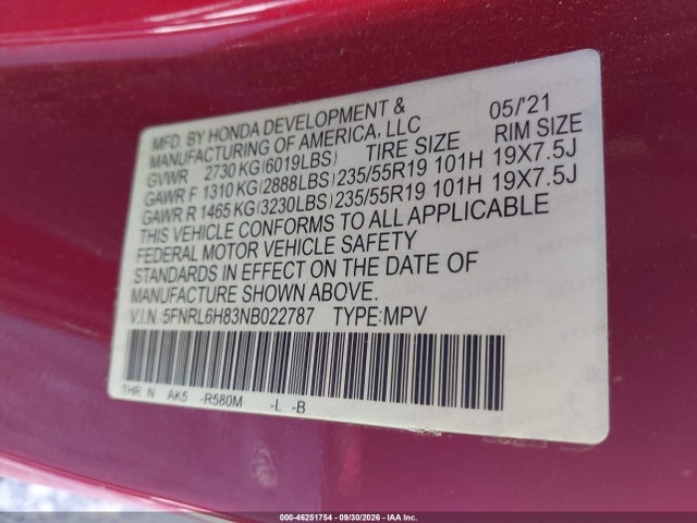 Honda Odyssey Touring 2022 5FNRL6H83NB022787 Image 9