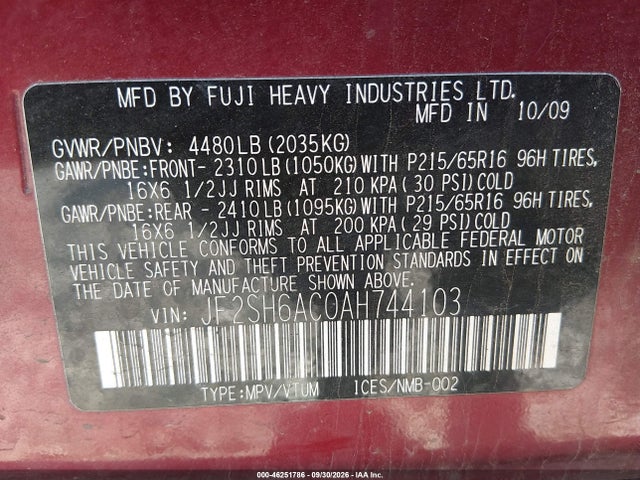 Aukcja sprzedaży 2010 Subaru Forester 2.5x, vin: JF2SH6AC0AH744103, numer aukcji: 46251786