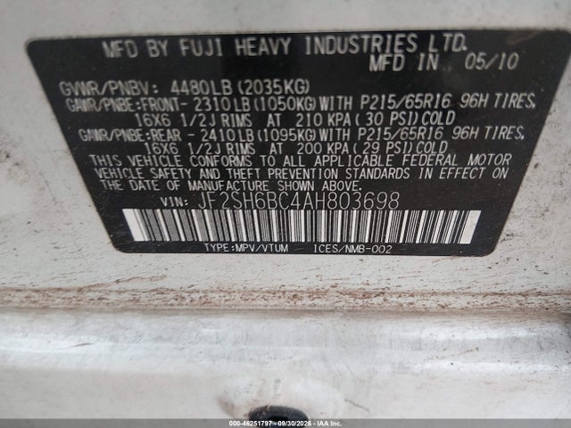 Auction sale of the 2010 Subaru Forester 2.5x, vin: JF2SH6BC4AH803698, lot number: 46251797