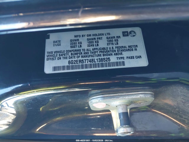 2008 Pontiac G8 მანქანა იყიდება აუქციონზე, vin: 6G2ER57748L138525, აუქციონის ნომერი: 46251801