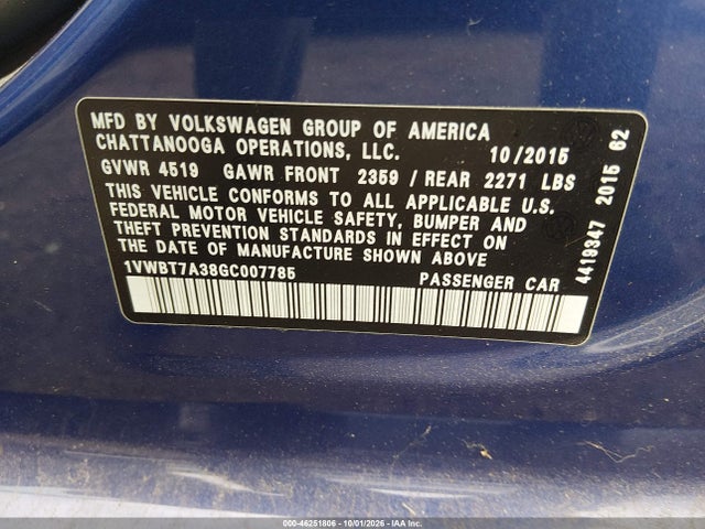 46251806 :رقم المزاد ، 1VWBT7A38GC007785 vin ، 2016 Volkswagen Passat 1.8t Se مزاد بيع