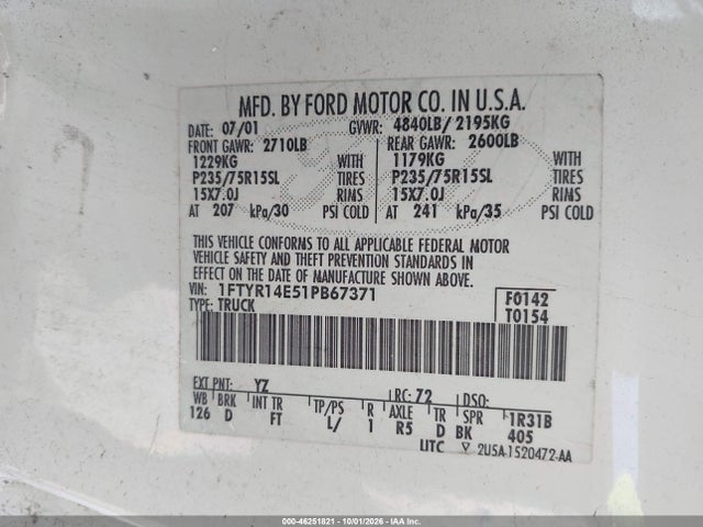 Продажа на аукционе авто 2001 Ford Ranger Edge/xlt, vin: 1FTYR14E51PB67371, номер лота: 46251821