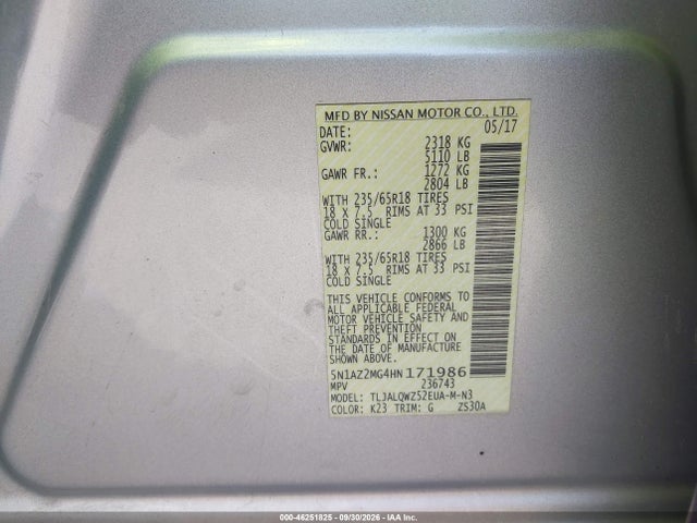 Aukcja sprzedaży 2017 Nissan Murano Sv, vin: 5N1AZ2MG4HN171986, numer aukcji: 46251825