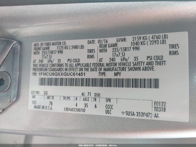 46251833 :رقم المزاد ، 1FMCU9GXXGUC61451 vin ، 2016 Ford Escape Se مزاد بيع
